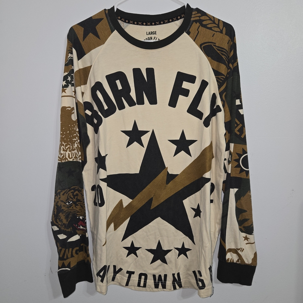 M#18 Born Fly Mens‎ Long Sleeve Graphic T Shirt Star Lightning Bolt Print Large